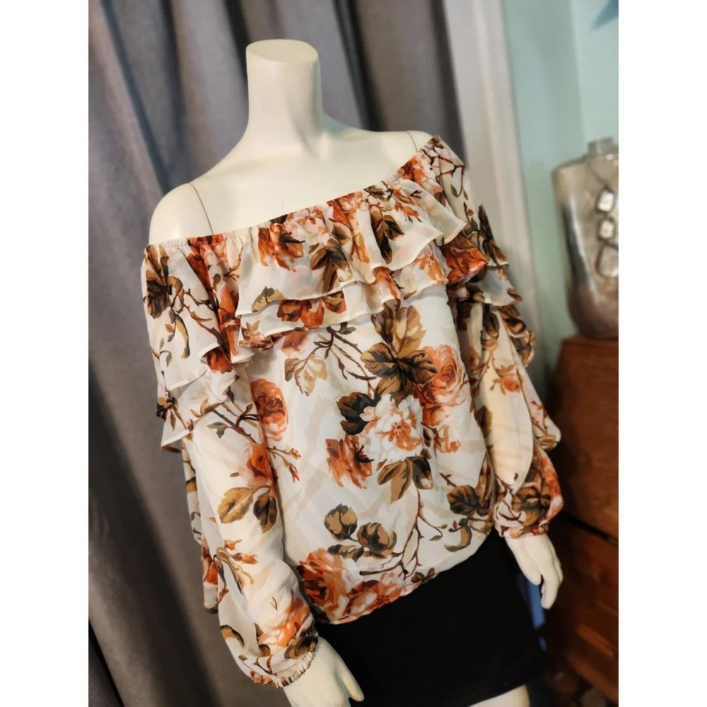 WHBM Off The Shoulder Floral Ruffle Collar Balloon Sleeve Chiffon‎ Blouse Sz M